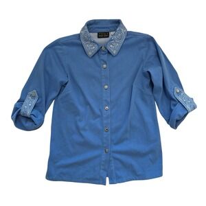 Bob Mackie‎ Smart Denim Embroidered Collar & Cuff Top Size XS Denim